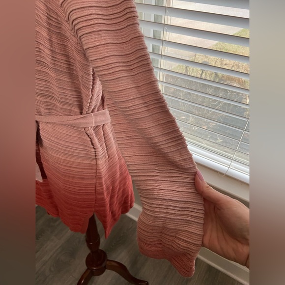 Chico’s 2 Sz L Ambre Coral Pink Ribbed Open Front Long Line Sweater Cardigan - Picture 6 of 10